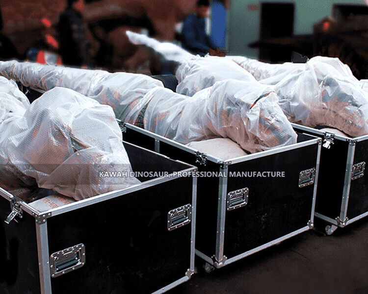 2 disfraces de dinosaurios realistas embalados por caja de vuelo.